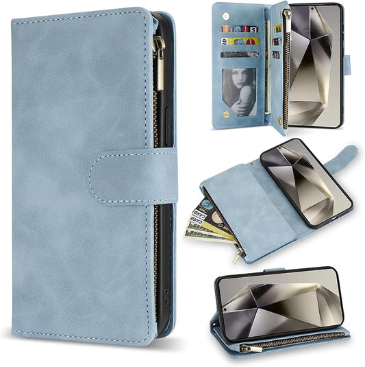 ZZXX for Samsung Galaxy S24 Ultra Wallet Case with RFID Blocking Card Slot PU Leather Zipper Flip Folio with Strap Kickstand Protective Cover for Galaxy S24 Ultra Case Wallet(Light Blue-6.8 inch)