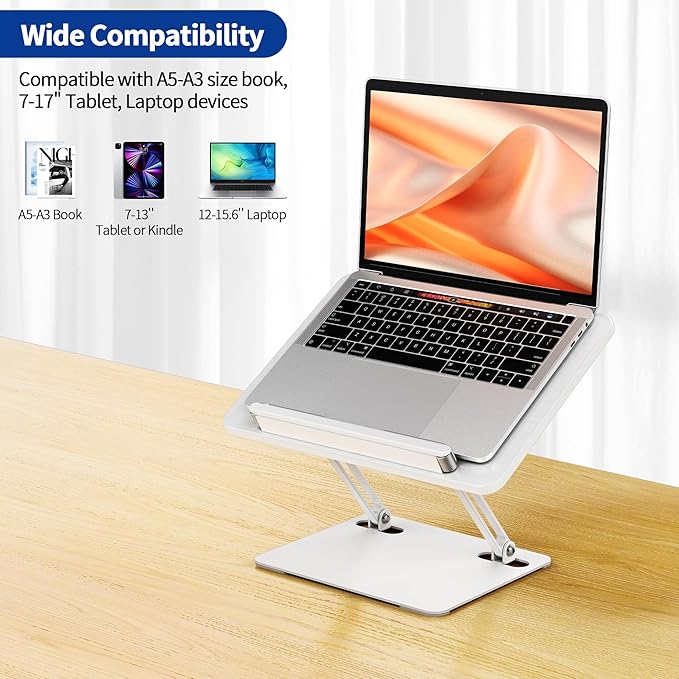 BESIGN BS01 Book Stand for Reading, Adjustable Book Holder, Ergonomic Laptop Stand with Elastic Page Clips for Music Scores, Recipe, Tablet, Laptop (White)