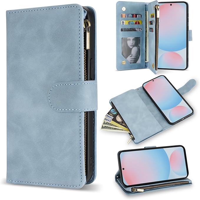 ZZXX for Samsung Galaxy S24 FE Wallet Case with RFID Blocking Card Slot PU Leather Zipper Flip Folio with Strap Kickstand Protective Cover for Galaxy S24 FE Case Wallet(Light Blue-6.7 inch)