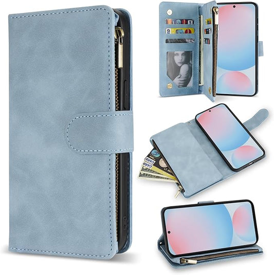 ZZXX for Samsung Galaxy S24 FE Wallet Case with RFID Blocking Card Slot PU Leather Zipper Flip Folio with Strap Kickstand Protective Cover for Galaxy S24 FE Case Wallet(Light Blue-6.7 inch)