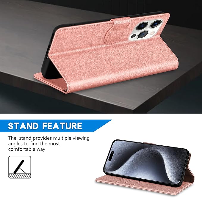 ZZXX for iPhone 15 Pro Wallet Case with [RFID Blocking] Card Slot Kickstand Magnetic Closure Leather Flip Fold Protective Phone Case for iPhone 15 Pro Case Wallet(Rose Gold-6.1 inch)