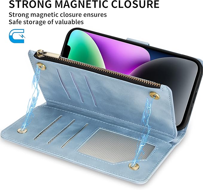 ZZXX iPhone 14 Case Wallet with [RFID Blocking] Card Slot Premium Soft PU Leather Zipper Flip Folio with Wrist Strap Kickstand Protective Phone Cover for iPhone 14 Wallet Case(Light Blue-6.1 inch)