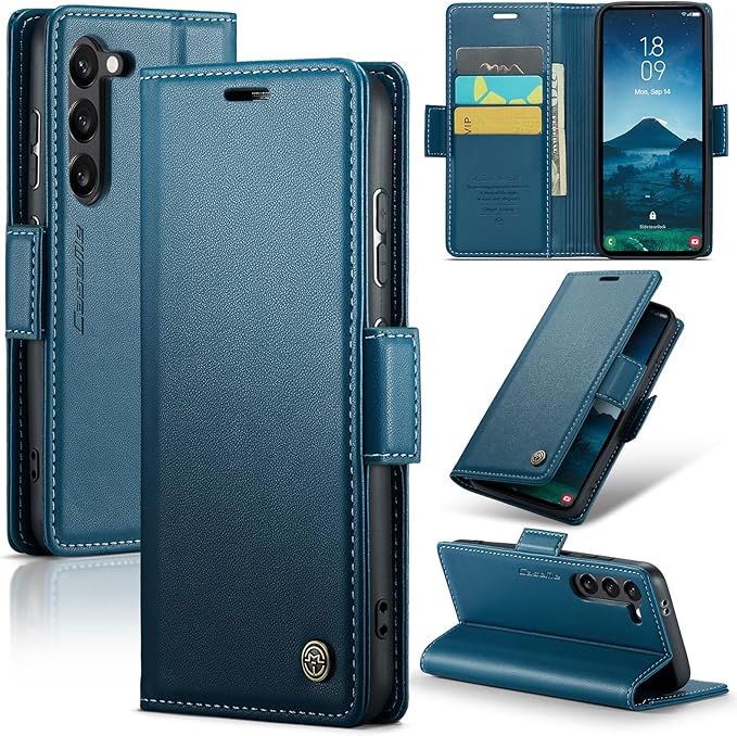 AUPAI for Samsung Galaxy S23 Plus Wallet Case with Credit Card Holder, PU Leather RFID Blocking Folio Flip Kickstand Magnetic Clasp Protective Phone Cover for Women Men Blue