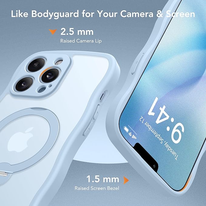 for iPhone 13 Pro Max Case for Women,[Compatible with Magsafe][360° Spin Magnetic Stand][Cute Wave Edge][Military-Grade Protection]Translucent Matte Phone Case for iPhone 13 ProMax, Baby Blue