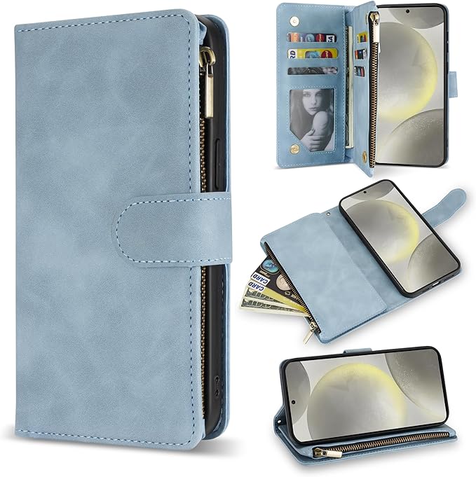 ZZXX for Samsung Galaxy S24 Wallet Case with RFID Blocking Card Slot PU Leather Zipper Flip Folio with Strap Kickstand Protective Cover for Samsung Galaxy S24 Case Wallet(Light Blue-6.2 inch)