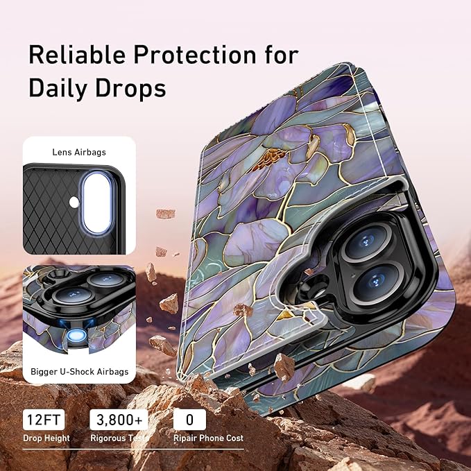 FUNMIKO for iPhone 16 Plus Wallet Case with Card Holder, RFID-Blocking, Military-Grade Protection & UV-Printed Artwork, Magnetic Closure with Leather Kickstand - Dreamy Lotus