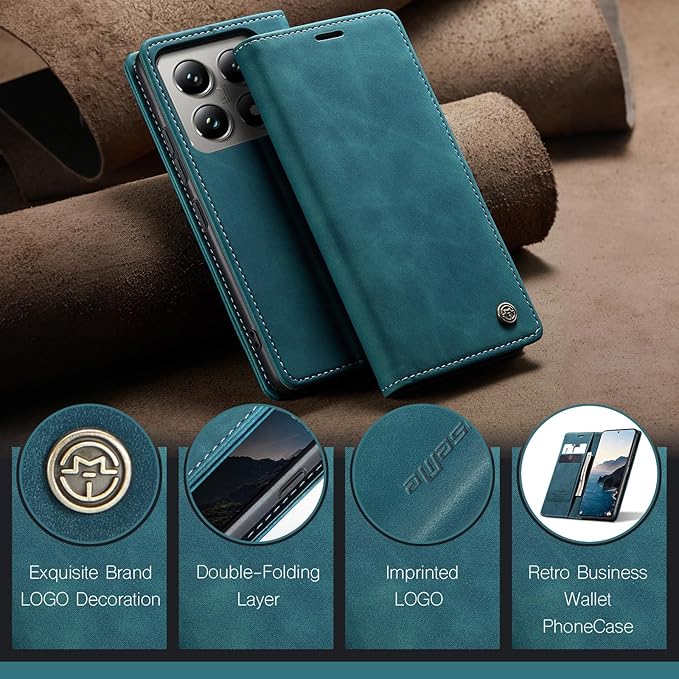 for Xiaomi 14T Pro Case, Flip Wallet Leather Case with Card Holder Magnetic Closure Shockproof Kickstand Protective Phone Cases Cover for Xiaomi mi 14T Pro, Blue-Green