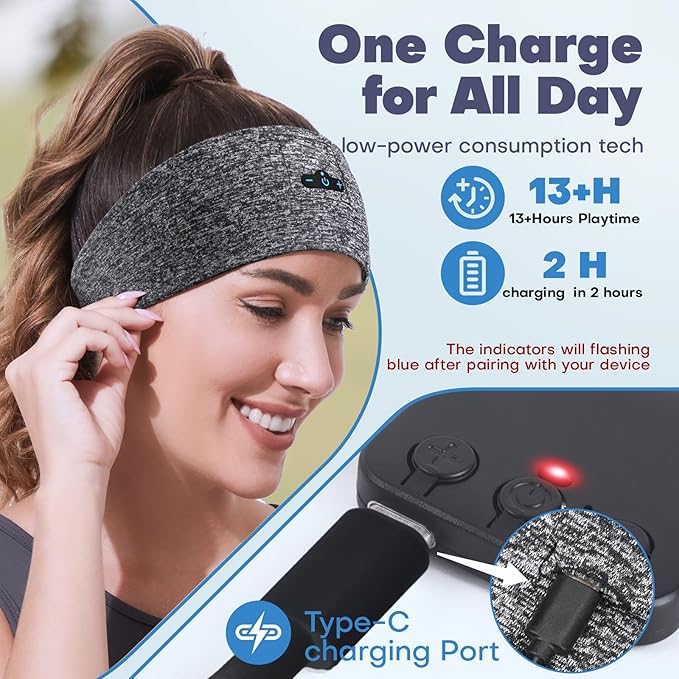 Headband Headphones Bluetooth Headband for Side Sleeper, 14 Hour Playtime, Wireless Headband with HD Stereo Speakers for Workout,Running,Yoga, Ideal Gifts for Men, Women, Teens, Grey