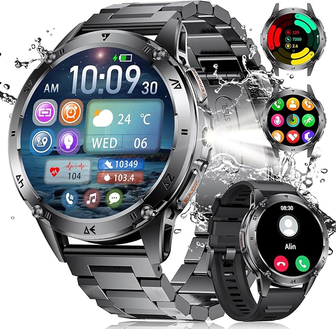 Military Smart Watches for Men ,530mAh Large Battery,1.43"AMOLED Heart Rate/SpO2/Sleep Monitor 5ATM Waterproof Smartwatch for Android iOS (Answer/Make Calls),Fitness Tracker with LED Flashlight