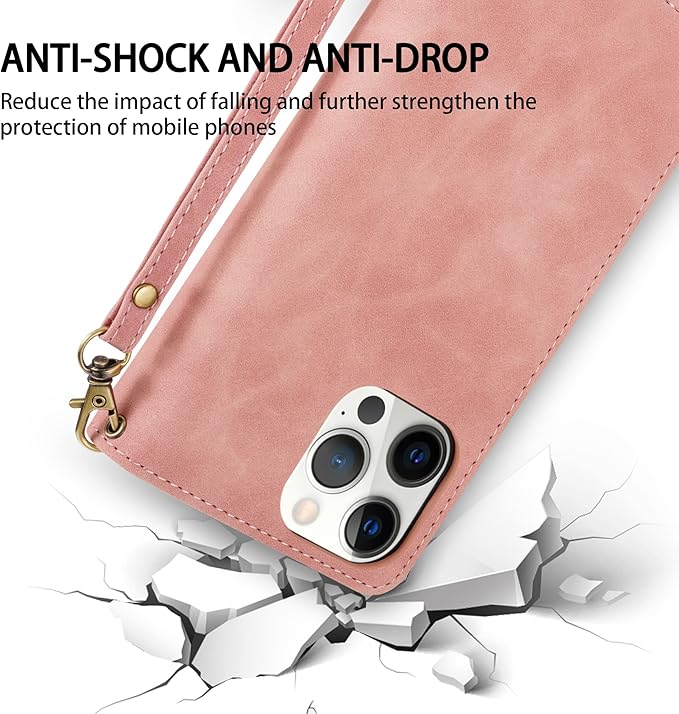 ZZXX for iPhone 12 Pro Max Wallet Case with Card Slot Premium Soft PU Leather Zipper Flip Folio Wallet with Wrist Strap Kickstand Protective Case (Pink, 6.7 inch)