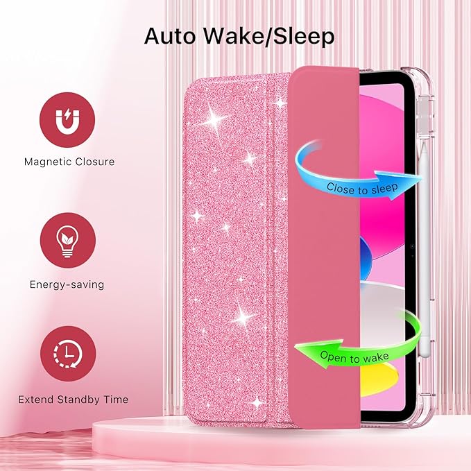 MoKo for iPad (A16) 11th Generation Case 11 Inch 2025, iPad 10th Generation Case 10.9 Inch 2022 with Pencil Holder, Slim Light Trifold Protective Cover with Hard PC Translucent Back Shell,Glitter Pink