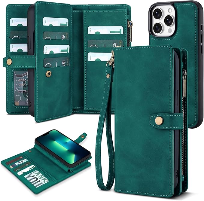 TwoHead for iPhone 13 Pro Max Wallet Case with Card Holder & Detachable Magnetic Phone Case, Leather All-Round Protection Phone Case Wallet for Women/Men,6.7 in,Green