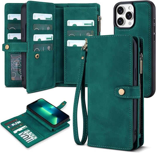 TwoHead for iPhone 13 Pro Max Wallet Case with Card Holder & Detachable Magnetic Phone Case, Leather All-Round Protection Phone Case Wallet for Women/Men,6.7 in,Green
