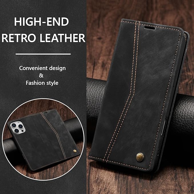 QLTYPRI for iPhone 16 Pro Max Case Wallet with Card Holder, Vintage PU Leather Kickstand Magnetic Closure Shockproof Folio Book Cover Case for iPhone 16 Pro Max - Retro Black