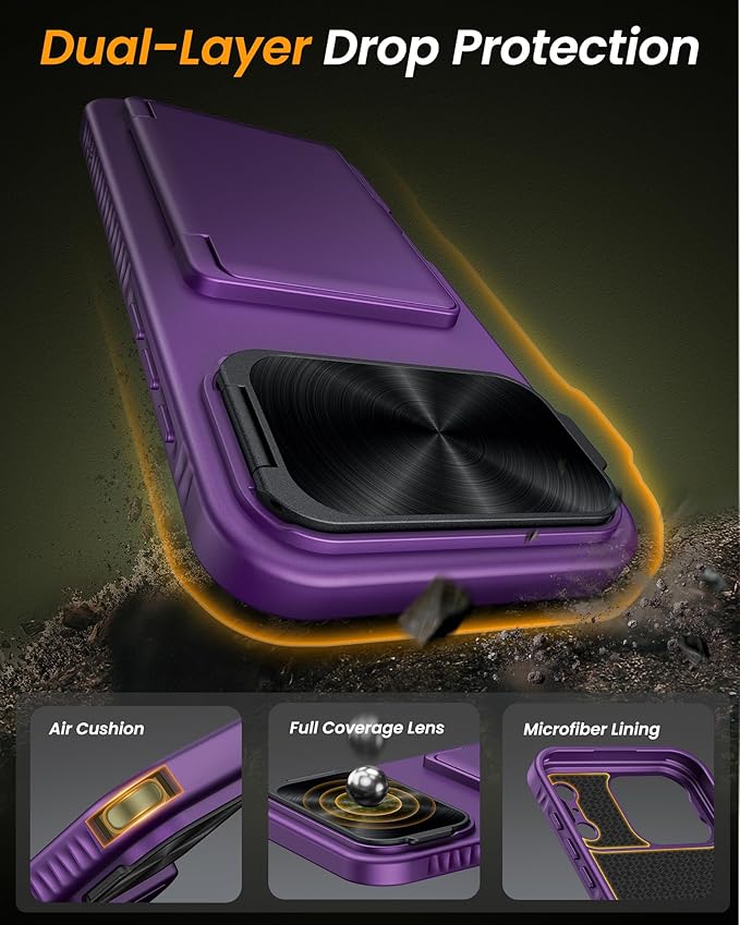 for iPhone 17 Pro Case, Built-in Card Holder & Stand & Lens Cover, Military Grade Drop Tested Soft Silicone Edge Rugged Kickstand Protective Wallet Phone Case for iPhone 17 Pro 2025, Purple