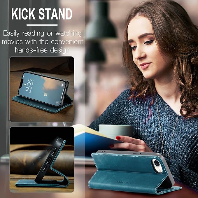 QLTYPRI Case for iPhone 16e, Vintage PU Leather Wallet Case Card Slot Kickstand Magnetic Closure Shockproof Flip Folio Cover for iPhone 16e - Blue