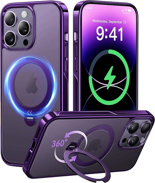 CASEKOO Royal Purple Titanium for iPhone 14 Pro Max Case with 360° Spin Magnetic Stand [Fit for MagSafe][16FT Military Protection] Polished Clear for iPhone 14 ProMax Case Ring 6.7'', Deep Purple