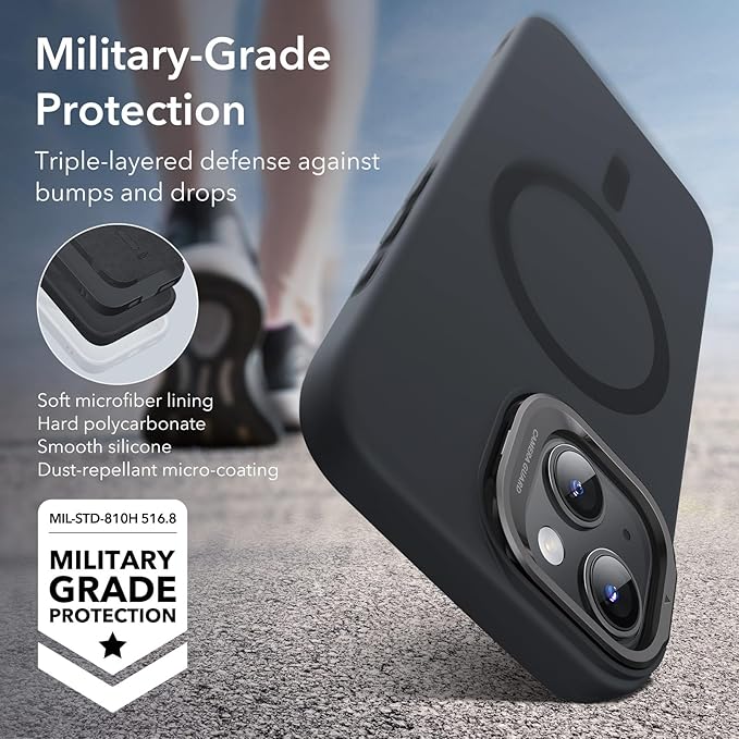 ESR for iPhone 15 Plus Case, MagSafe Silicone Case with Stand, Military-Grade Protection, Built-in Camera Stash Stand, Magnetic Phone Case for iPhone 15 Plus, Cloud Series, Black