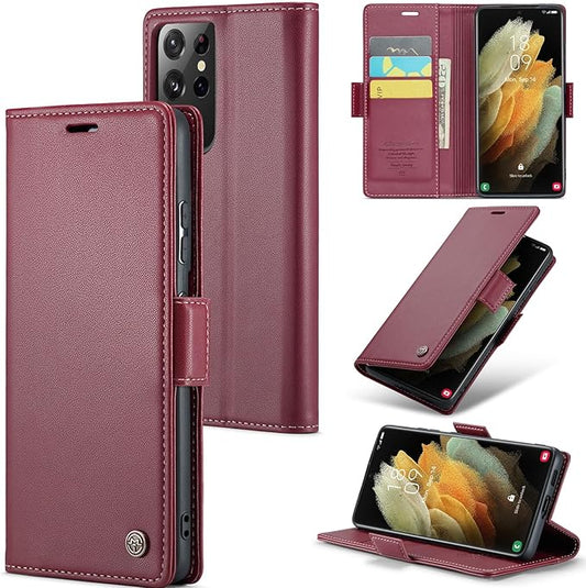 Case for Samsung Galaxy S21 Ultra Wallet Case, RFID Blocking PU Leather Flip Folio Cover Card Holder Kickstand Shockproof Phone Case Compatible with Samsung Galaxy S21 Ultra, Red