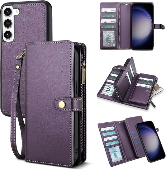TwoHead for Samsung Galaxy S23 Wallet Case with Card Holder & Detachable Magnetic Phone Case for Galaxy S23,PU Leather Shockproof Protective Phone Cover Wallet with Wrist Strap(6.1 in,Deep Purple)