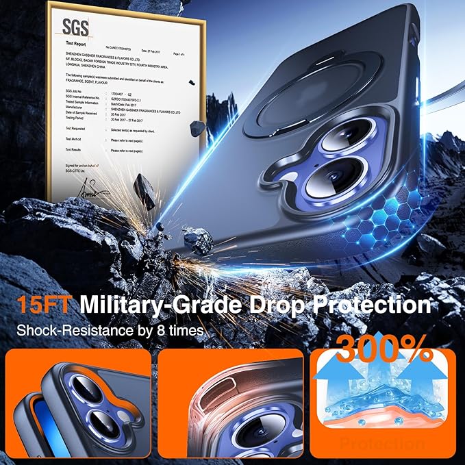 360° O-Ring MagStander for iPhone 16 Case with Magnetic Kickstand Ring Holder [Compatible with MagSafe][360°Rotate Stand Ring][Military Shockproof] Magnet iPhone 16 Phone Cover Matte Blue