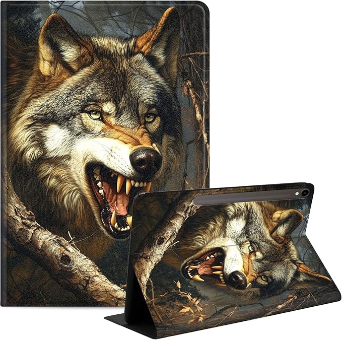 Case for Samsung Galaxy Tab S10 FE/ S9 FE 5G 10.9 Inch/Tab S9 11 Inch, Slim PU Leather Stand Cover with Auto Wake/Sleep, Multi-Angle Viewing & Shockproof, Fierce Wolf