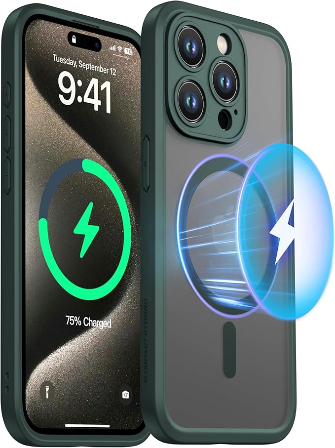 ImpactStrong Magnetic Guard Designed for iPhone 15 Pro Max Case [Camera Protection] [Military Grade Drop Tested] [Compatible with MagSafe] Slim Translucent Matte Phone Case (6.7") - Dark Green
