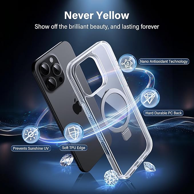 Magnetic Case for iPhone 16 Pro Max - [Built-in Invisible Stand] [Compatible with MagSafe] [Military Grade Drop Protection] Anti-Yellowing Hard Back Silicone Edge Cover, 6.9", Clear