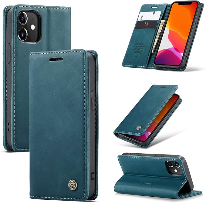 for iPhone 12 Mini Case 5.4", Flip Wallet Leather Case with Card Holder Magnetic Closure Shockproof Kickstand Protective Phone Cases Cover for iPhone 12 Mini,Blue-Green