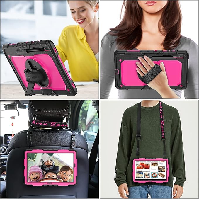 SEYMAC stock Case for Samsung Galaxy Tab S7 FE / S8 Plus 5G Case 12.4'' with Screen Protector Pencil Holder [360 Rotating Hand Strap] &Stand, Drop-Proof, Rose/Black