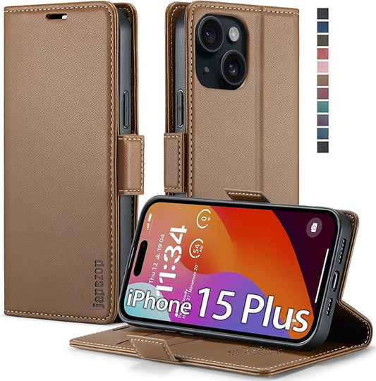 japezop iPhone 15 Plus 5G Wallet Case with [RFID Blocking],Card Holder Kickstand Magnetic,Leather Flip Case Wallet for iPhone 15 Plus 5G 6.7 Inch (Fashion Brown)