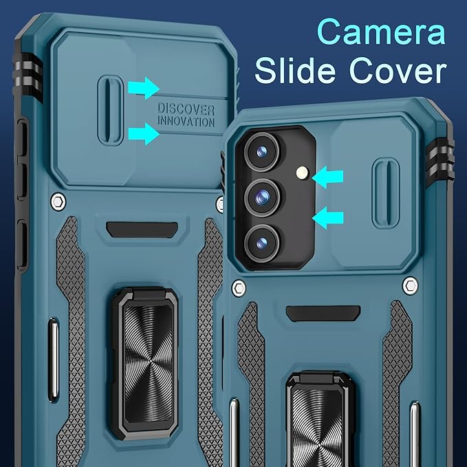 DEERLAMN Case for Samsung Galaxy S24+ Plus with Slide Camera Cover+Screen Protector (1 Pack), Rotated Ring Kickstand Military Grade Shockproof Protective Cover-Light Blue