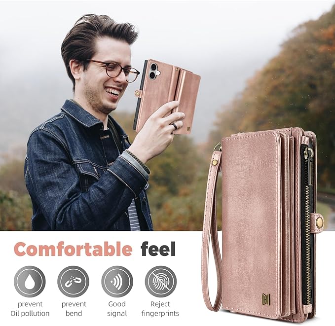 for iPhone 16 Wallet Phone Case with 7 Card Holder,RFID Blocking | PU Leather | Kickstand | Flip | Wrist Strap&Shoulder Strap | Shockproof | Zipper Wallet | Women Men | 6.1" | Rose Gold