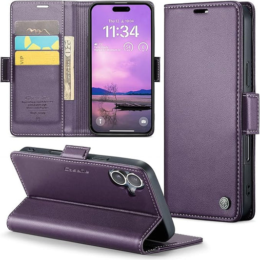 for iPhone 16 Case, Premium PU Leather Wallet Case Flip Cover with [RFID Blocking][Card Holder][Stand Function] Shockproof Protective for iPhone 16, Purple