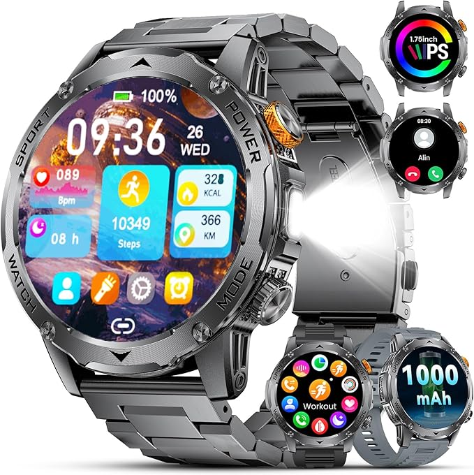 Military Smart Watches for Men(3 Bands),1000mAh/1.75" HD Large Screen Smartwatch, Flashlight/110+ Sports Modes/IP68 Waterproof/Sleep Monitor Fitness Tracker Watch for Android IOS,Gunmetal