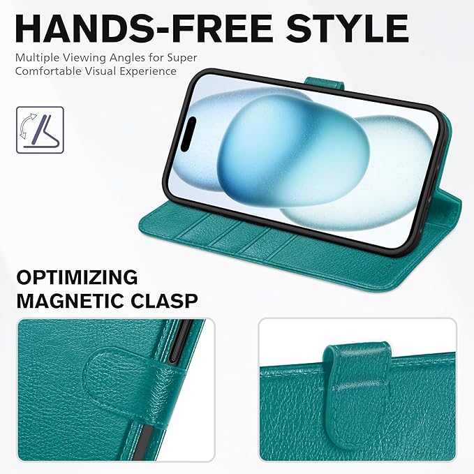 TUCCH Case Wallet for iPhone 15, [RFID Blocking] PU Leather Stand Folio Cover with 4 Card Slots [TPU Protective Interior Shell], Magnetic Flip Case Compatible with iPhone 15 5G 6.1-inch 2023, Cyan