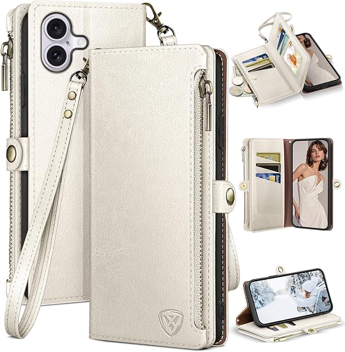 XcaseBar Compatible with iPhone 17 6.3" Wallet case with Zipper Credit Card Holder【RFID Blocking】,Flip Folio Book PU Leather Phone case Shockproof Cover Women Men for Apple 17 case White