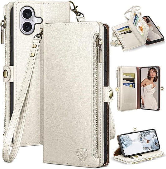 XcaseBar Compatible with iPhone 17 6.3" Wallet case with Zipper Credit Card Holder【RFID Blocking】,Flip Folio Book PU Leather Phone case Shockproof Cover Women Men for Apple 17 case White