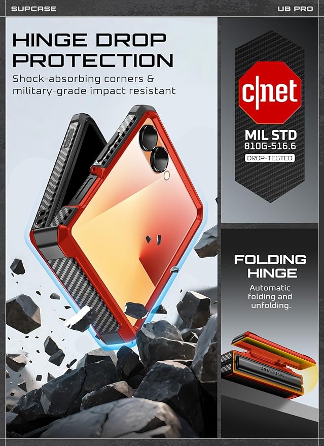 SUPCASE for Samsung Galaxy Z Flip 7 Case with Built-in Stand & Belt-Clip (Unicorn Beetle Pro), [Hinge Protection] [Front Tempered Glass Screen Protector] Full Body Military-Grade Phone Cover, Ruddy