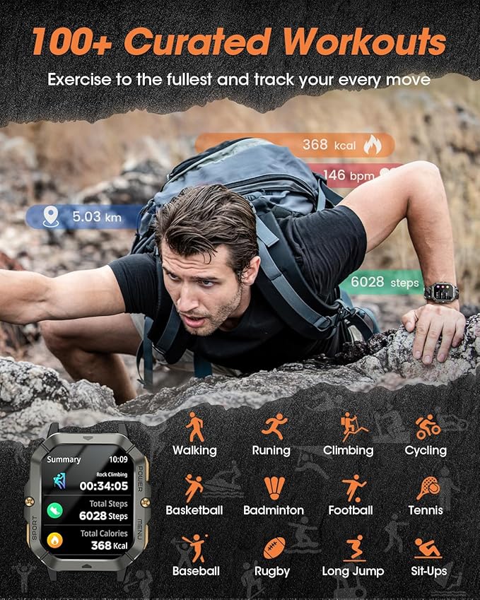 Military Smart Watches for Men (Answer/Make Calls), Watches for Men with Blood Pressure/Heart Rate/Sleep/100+ Sport Modes, 2.02'' Fitness Smart Watch, Waterproof Fitness Tracker for Android and iPhone