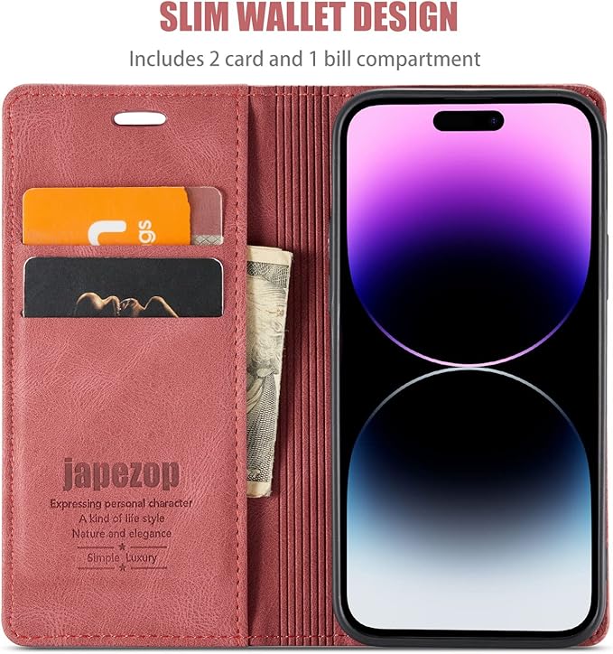 japezop iPhone 14 Pro Max Wallet Case with [RFID Blocking] Card Holder Kickstand Magnetic,Leather Flip Case Wallet for iPhone 14 Pro Max 5G 6.7 Inch (Red)