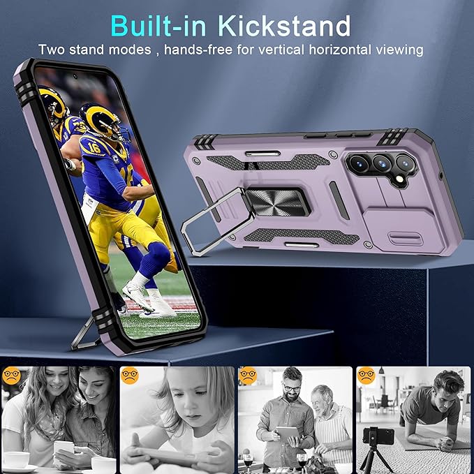 DEERLAMN Case for Samsung Galaxy S23 FE 6.4-Inch with Slide Camera Cover+Screen Protector(1 Pack),Rotated Ring Kickstand Military Grade Shockproof Protective Cover-Deep Purple