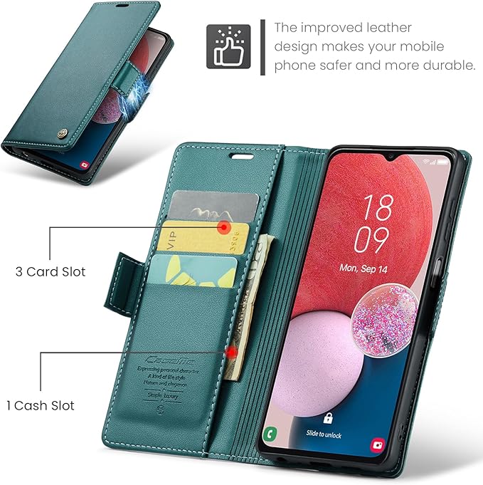 for Samsung Galaxy A13 4G/5G Case, Premium PU Leather Wallet Case Flip Cover with [RFID Blocking][Card Holder][Stand Function] Shockproof Protective for Samsung Galaxy A13, Blue-Green
