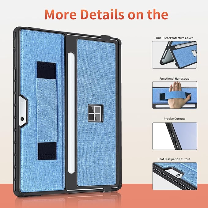 Case fit Microsoft Surface Pro 11/10/9/8 13-Inch, with Stent Cover, Hand Strap, All-in-one Rugged Case Compatible with Type Cover Keyboards, Blue