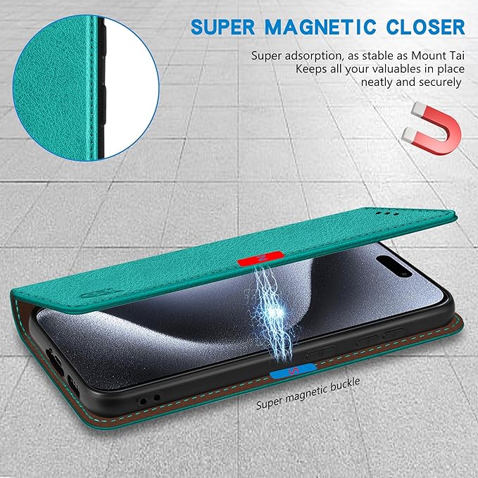 ZZXX for iPhone 15 Pro Wallet Case with [RFID Blocking] Card Slot Stand Strong Magnetic Leather Flip Fold Protective Phone Case for iPhone 15 Pro Case Wallet(Lake Blue-6.1 inch)