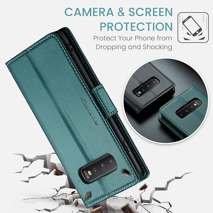 Case for Samsung Galaxy S10 Plus Wallet Case, RFID Blocking PU Leather Flip Folio Cover Card Holder Kickstand Shockproof Phone Case Compatible with Samsung Galaxy S10 Plus, Blue Green