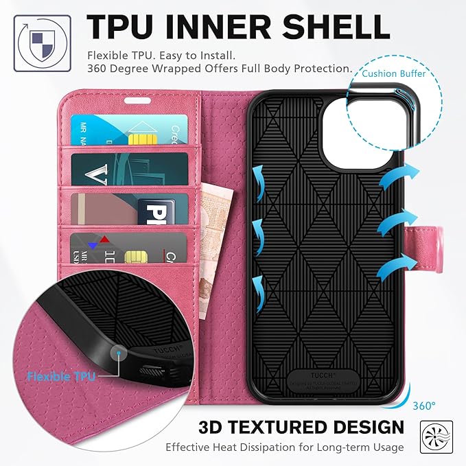 TUCCH Case Wallet for iPhone 15 6.1", Kickstand PU Leather Magnetic Protective Flip Cover with [RFID Blocking] [4 Card Slots] [TPU Interior Case] Compatible with iPhone 15 5G 6.1" 2023, Hot Pink