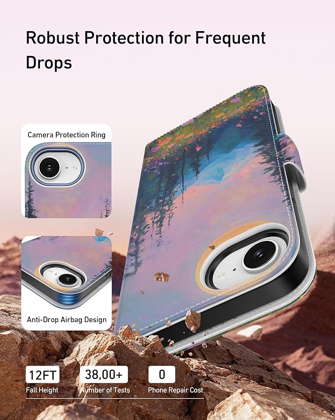 DEENAKIN for iPhone 16e Wallet Case with Card Holder + Cash Clip, RFID-Blocking, Military-Grade Drop Protection, Magnetic Closure with Leather Kickstand - Mountain Blossom Glow