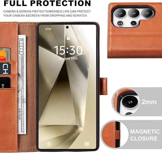 Case for Galaxy S25 Ultra 6.9"-Genuine Leather Folio Wallet Case with Kickstand RFID Blocking Card Holder Magnetic Protective Phone Cover Compatible with Galaxy S25 Ultra 2025 (Brown)
