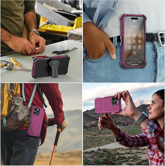 M MYBAT PRO Maverick Series for iPhone 16 Pro Max Case with Belt Clip Holster,[Compatible with Magsafe] w/Screen Protector,Anti-Drop,Shockproof,with 360°Rotating Kickstand,Heavy Duty Protection Plum